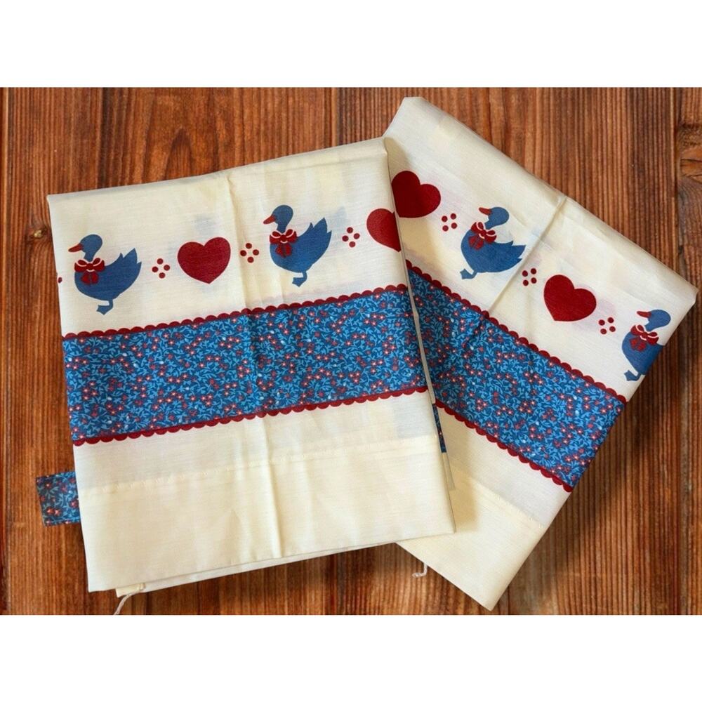 Vtg Sears Country Ducks Hearts Bows Curtain Panels X 2 Blue Mauve 90's Farmhouse